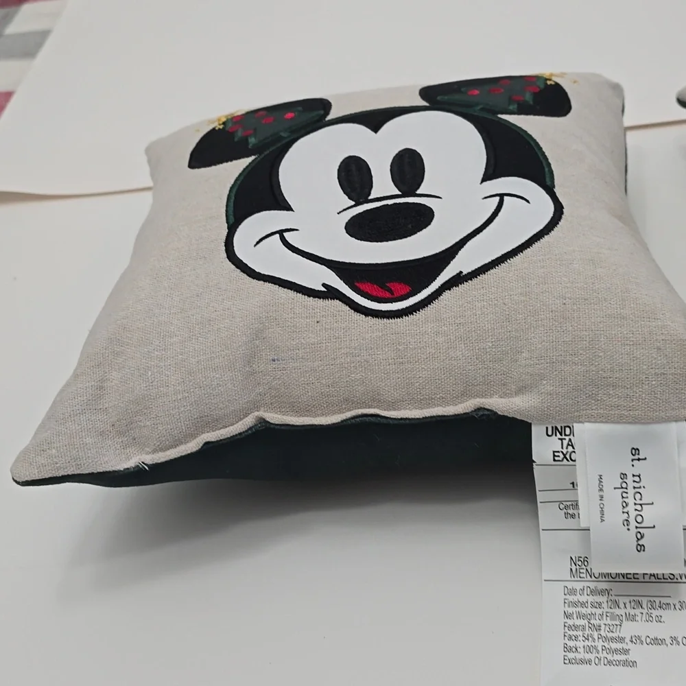 Set Of 2 Mickey Minnie Mouse Nicholas Square Canvas Embroidery Christmas Pillows